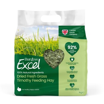 Bag of Burgess Excel Dried Fresh Grass Timothy Feeding Hay 1kg with heart-shaped hay window, 92% of vets recommend Excel