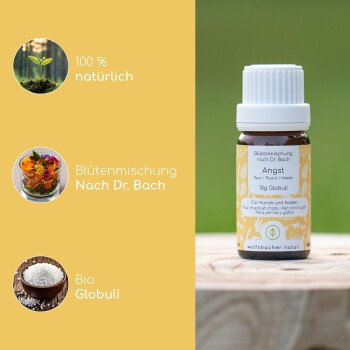 Flasche mit "Angst"-Blütenmittel für Haustiere, gekennzeichnet als 100% natürlich, 10g Globuli, mit floralen Bildern und Text in Deutsch und Englisch.
