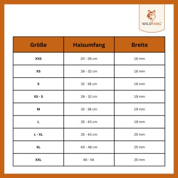 Größentabelle für Haustierhalsbänder von WILDFANG, die Größen von XXS bis XXL mit Halsumfang und Breitenmessungen auflistet.