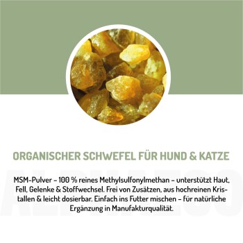 Bewertung von MSM-Schwefelpulver für Hunde, das seine Wirksamkeit bei Gelenkproblemen hervorhebt, mit einer Bewertung von 4,8/5 aus 7.191 Bewertungen.