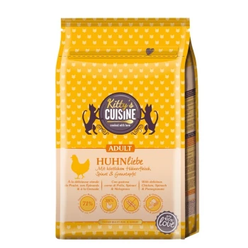 Katzenfutterbeutel mit der Aufschrift "Kitty's Cuisine" in gelbem Design, mit Text in Deutsch und Englisch über Huhn, Spinat und Granatapfel.