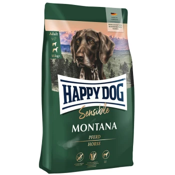 Hundefutterbeutel "Happy Dog Sensible Montana" mit einem braunen Hund auf einem Berg, der "Pferd," "Erwachsen," und 11 kg Gewicht hervorhebt.
