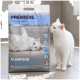 White cat next to a PREMIERE clumping cat litter bag that reads "I love my cat" and "KLUMPEND EXCELLENT XL 12l/12kg"