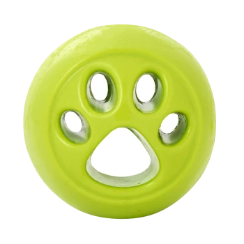 Helles grünes Gummihundespielzeug in Form eines Pfotenabdrucks, mit drei Löchern und einer glatten Oberfläche.