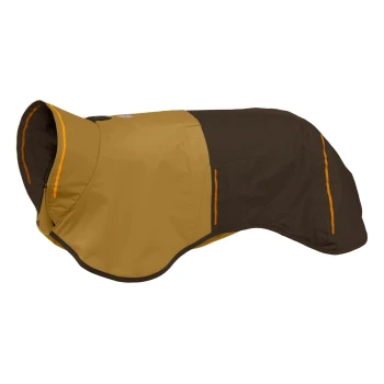 Eine braune und gelbe Hundejacke mit orangefarbenen Akzenten, mit hohem Kragen und Seitentaschen, entworfen für Wärme und Komfort.