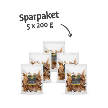 Sparpaket mit 5 Beuteln, die jeweils 200 g Hundeleckerlis enthalten, vor einem weißen Hintergrund präsentiert.