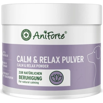 Behälter mit AniForte Calm & Relax Pulver für Hunde, beschriftet in Deutsch und Englisch, das natürliche beruhigende Effekte fördert.