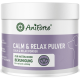 Behälter mit AniForte Calm & Relax Pulver für Hunde, beschriftet in Deutsch und Englisch, das natürliche beruhigende Effekte fördert.