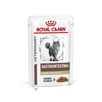 Royal Canin Veterinary Gastrointestinal Fibre Response cat food pouch, featuring a cat image, labeled "Chunks in Gravy."