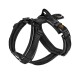 Schwarzes gepolstertes Hundegeschirr mit verstellbaren Riemen und einem Metall-D-Ring zur Leinenbefestigung.