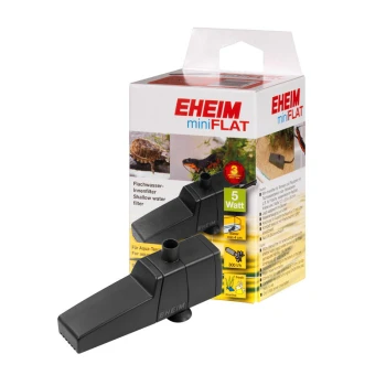 EHEIM miniFLAT Flachwasserfilter in Schwarz, mit Verpackung, die Merkmale wie "5 Watt" und "300 l/h" anzeigt, geeignet für Aquarien.