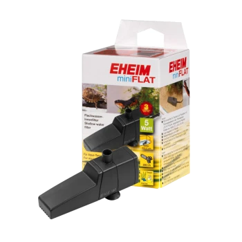 EHEIM miniFLAT ondiepe waterfilter in het zwart, met verpakking die kenmerken toont zoals '5 Watt' en '300 l/h', geschikt voor aquaria.