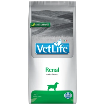 Torba z jedzeniem dla psów VetLife Renal, 12 kg, z zieloną etykietą informującą "Jedzenie dla psów z szczególnymi potrzebami żywieniowymi."