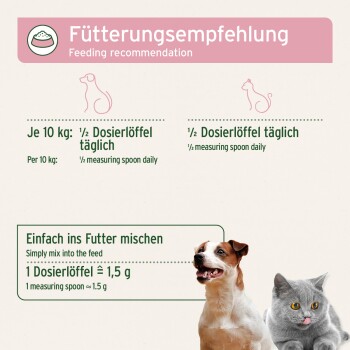 Fütterungsempfehlung — Hund und Katze, pro 10 kg: ½ Messlöffel täglich; 1 Löffel ≈ 1,5 g.