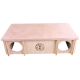 Holzversteck für Kaninchen mit zwei runden Öffnungen, mit dem "Getzoo"-Logo und einem verspielten Hasendesign.