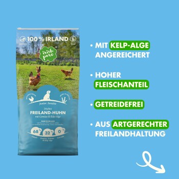 Haustierfutterverpackung mit "Irischem Freiland-Hühnchen" mit Bildern von Hühnern, die hohen Fleischgehalt, getreidefrei und mit Algen angereichert hervorhebt.
