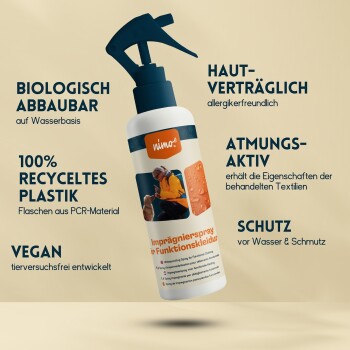 Imprägnierspray für Funktionskleidung in einer Sprühflasche, mit Hinweisen zu Biodegradierbarkeit, Recycling und veganer Herstellung.