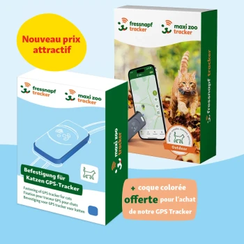 Deux traceurs GPS pour chats avec un chat à l'extérieur et une carte sur smartphone, présentant un nouveau prix et un étui coloré gratuit avec l'achat.