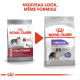 Comparaison d'emballage de nourriture pour chiens Royal Canin, présentant 'Sterilised Medium' pour chiens adultes, mettant en avant un nouveau design avec la mention '-10% de calories.'