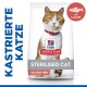 Hill's Science Plan Katzenfutterbeutel mit einer roten Katze, beschriftet "Sterilisierte Katze" mit Lachs-Geschmack und "Vom Tierarzt empfohlen."
