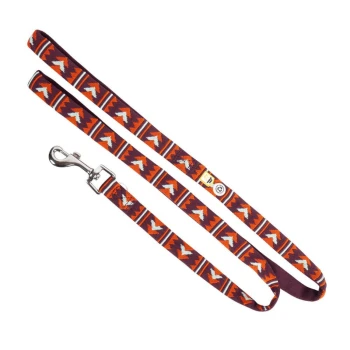 Führleine Polar Night Bunte Haustierleine mit geometrischem Muster in Orange, Rot und Weiß, mit einem silbernen Metallclip zur Befestigung.
