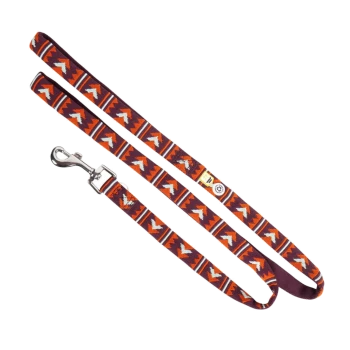 Bunte Haustierleine mit geometrischem Muster in Orange, Rot und Weiß, mit einem silbernen Metallclip zur Befestigung.