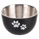 Bol de nourriture pour animaux noir avec un intérieur en acier inoxydable et des motifs de pattes blanches à l'extérieur.