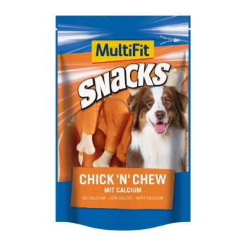 Emballage pour MultiFit Snacks présentant des friandises pour chiens "Chick 'n' Chew" avec calcium, accompagné d'une image d'un chien heureux.