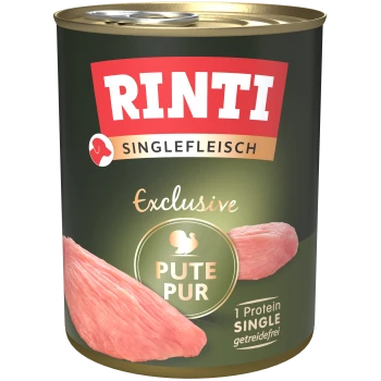 Karma w puszce dla zwierząt oznaczona 'RINTI Singlefleisch Exclusive Pute Pur', z mięsem z indyka, z tekstem wskazującym '1 Protein SINGLE' i 'getreidefrei.'