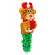 Plush dog toy shaped like a reindeer with red antlers, red scarf with green polka dots, and a green fuzzy tail.