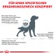 Illustration einer Hundesilhouette mit Text auf Deutsch, der über Nahrungsmittelunverträglichkeiten bei Hunden spricht und Hautveränderungen sowie Verdauungsprobleme hervorhebt.