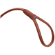 Eine Nahaufnahme einer braunen Leder-Hundeleine mit gepolstertem Griff und Nähdetails, die ihre Qualität und ihr Design zeigt.