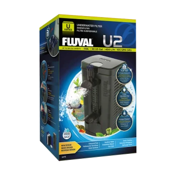 Emballage du filtre sous-marin Fluval U2, avec une unité de filtre noire à débit réglable, filtration en 3 étapes, et un couvercle à charnière pour l'entretien.