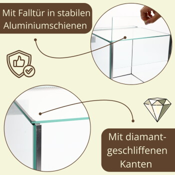 Glasbecken mit integrierter Falltür in stabilen Aluminiumschienen und polierten, diamantgeschliffenen Kanten.