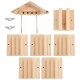 Holzvogelhaus-Bausatz mit einem geneigten Dach, sechs Holzpaneelen und zwei Metallhalterungen zur Montage.