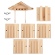 Holzvogelhaus-Bausatz mit einem geneigten Dach, sechs Holzpaneelen und zwei Metallhalterungen zur Montage.
