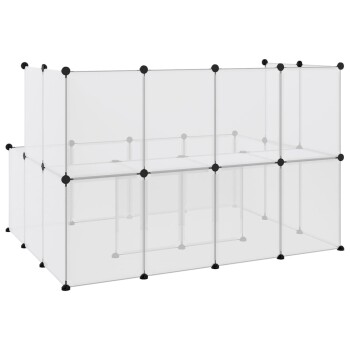 Transparenter Haustierspielbereich mit modularer Bauweise, mit schwarzen Verbindern und mehreren Paneelen zur Schaffung eines sicheren Raums für Haustiere.