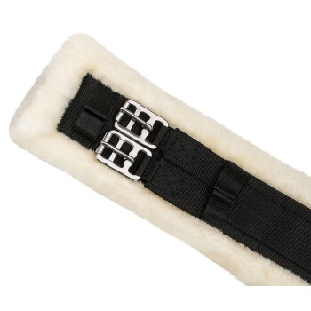 Schwarzes Haustiergeschirr mit weichem weißen Fleece-Futter und silbernen Schnallen, entworfen für Komfort und Sicherheit.