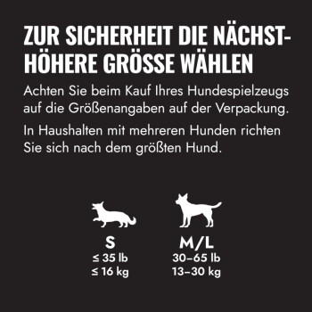 Deutsche Größentabelle: 'ZUR SICHERHEIT DIE NÄCHST-HÖHERE GRÖSSE WÄHLEN' mit Hundesymbolen S ≤35 lb/≤16 kg und M/L 30–65 lb/13–30 kg