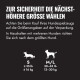 Deutsche Größentabelle: 'ZUR SICHERHEIT DIE NÄCHST-HÖHERE GRÖSSE WÄHLEN' mit Hundesymbolen S ≤35 lb/≤16 kg und M/L 30–65 lb/13–30 kg