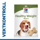 Verpakking van Hill's Healthy Weight Treats met een honden silhouet en een botvormige traktatie, met de tekst "VEKTKONTROLL" aan de linkerkant.