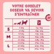 Tableau d'alimentation pour animaux rose en français intitulé « VOTRE GOBELET DOSEUR VA DEVOIR S'ENTRAÎNER » montrant les tailles S/M/L, plages de poids (0–40 kg) et grammes, icône 24h