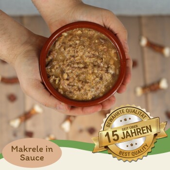 Zwei Schalen mit Haustierfutter, eine gelbe und eine grüne, gefüllt mit zerkleinertem Fleisch. Die Textbeschriftungen lauten "Nährstoffe" und "Proteinreich."