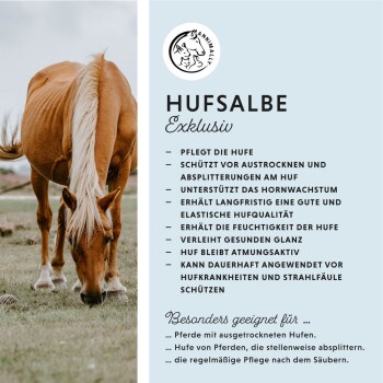 Ein Pferd weidet neben einer Anzeige für "Hufsalbe," einer Hufsalbe, die die Hufpflege, Feuchtigkeit und Schutz vor Austrocknung und Rissbildung fördert.