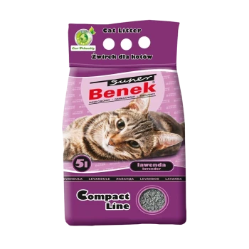 Opakowanie żwirku dla kotów z tabby na przodzie, oznaczone "Super Benek", z zapachem "lawendowym" i tekstem "Compact Line".