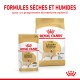 Emballage de nourriture pour chiens Royal Canin montrant un sachet de nourriture humide de 140g et un sac de nourriture sèche pour Labrador Retrievers, étiqueté "Adult" et "Poids Idéal."