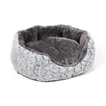 Gemütliches graues Haustierbett mit einer plüschigen, strukturierten Außenseite und weichem Innenraum, entworfen für Komfort und Entspannung.