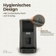 Schwarzer ZEDAR-Futterspender mit luftdichtem Drehverschluss-Deckel; Text 'Hygienisches Design' und 'Deckel mit Drehverschluss'.