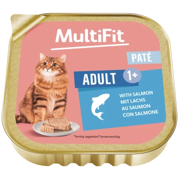 MultiFit blikje kattenpaté voor volwassen katten (1+) met zalm; oranje poes en bord met paté, etiket toont 'MultiFit', 'PATÉ', 'VOLWASSEN'