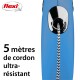 Laisse rétractable bleue pour chien avec un cordon ultra-résistant de 5 mètres, présentant le logo Flexi et un texte en gras en français.